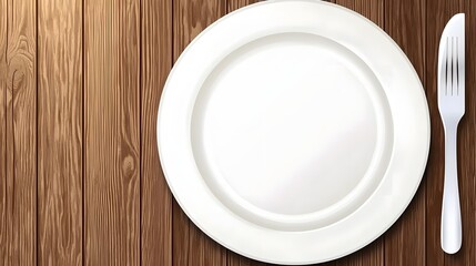 Empty White Plate and Fork on Wooden Table Top Ready for a Meal or Dining Experience