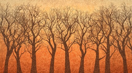 Abstract Pattern of Silhouetted Trees Against an Orange and Yellow Gradient Background at Sunset or Sunrise