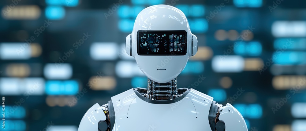 Poster futuristic robot with advanced artificial intelligence and glowing interface.