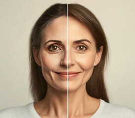 Mature woman posing before and after facelift, with face fitness results, showcasing plastic surgery transformation, against a neutral background