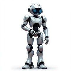 Fototapeta premium A robot stands confidently against a clean white background, showcasing its sleek design and modern features.