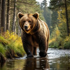 Obraz premium A bear standing on the bank of a river in the forest, early morning Generated AI