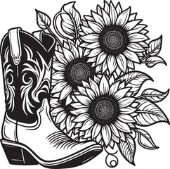  Black and White Vector Illustration of Cowboy Boot with Sunflowers