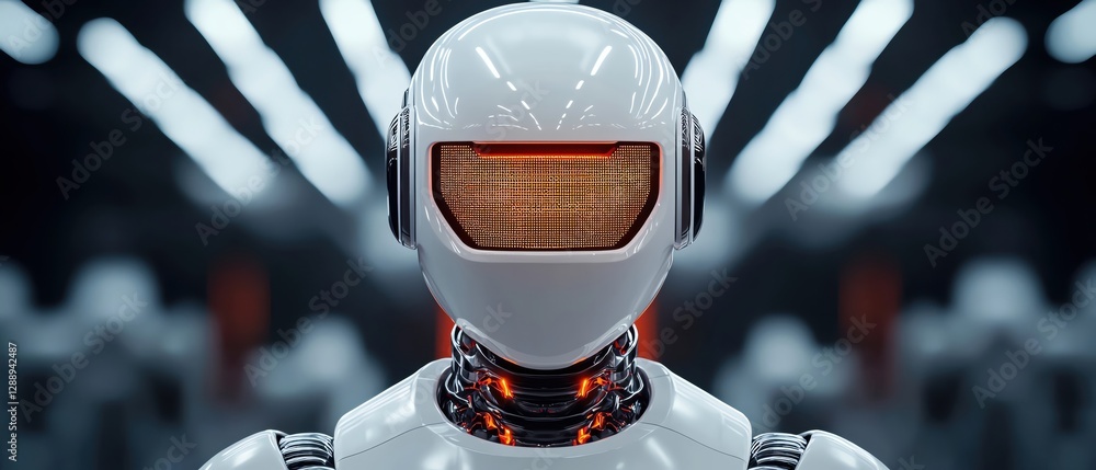 Poster futuristic robot with sleek design and glowing features in a modern setting.