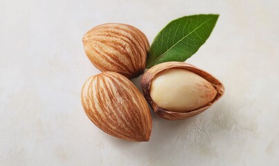 Almonds, whole and halved, with leaf, on light surface