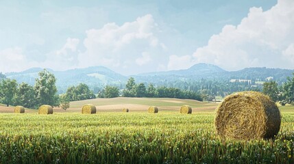 Fototapeta premium Beautiful rural landscape with hay bales in golden fields under a bright blue sky surrounded by rolling green hills and lush trees