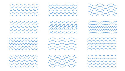 Water Wave vector icon collection. Set of wavy line pattern . Collection of twelve blue wavy line patterns representing water, waves, or abstract design elements on white background