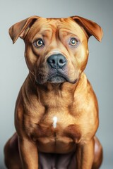 Obraz premium Brown dog with expressive eyes sitting against a plain background, radiating loyalty and affection, showcasing a striking portrait of canines at rest