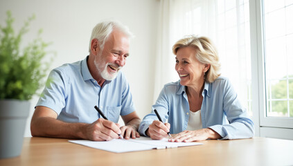 An elderly happy couple sign documents on the table in the living room