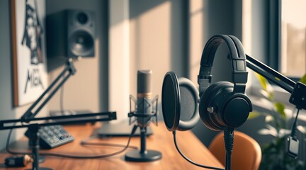 The image showcases a modern podcast studio setup featuring headphones, a microphone, and audio equipment in a well-lit, stylish workspace.  