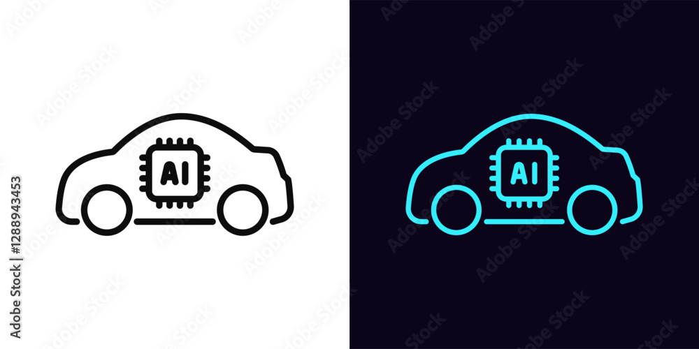 Poster outline ai car icon, with editable stroke. electric car with ai algorithms, artificial intelligence 