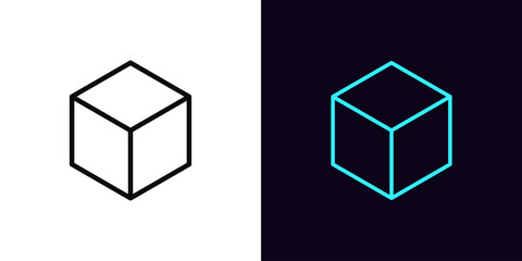Outline cube icon, with editable stroke. Isometric cube wireframe, cubic shape, geometric figure. Wireframe cuboid, square block model, cubic structure and form, abstract hexahedron. Vector icon