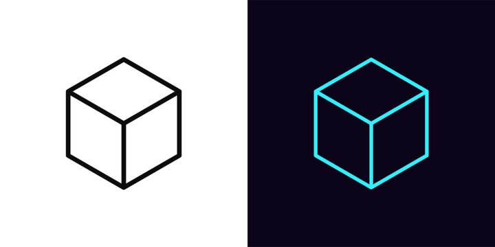 Outline cube icon, with editable stroke. Isometric cube wireframe, cubic shape, geometric figure. Wireframe cuboid, square block model, cubic structure and form, abstract hexahedron. Vector icon