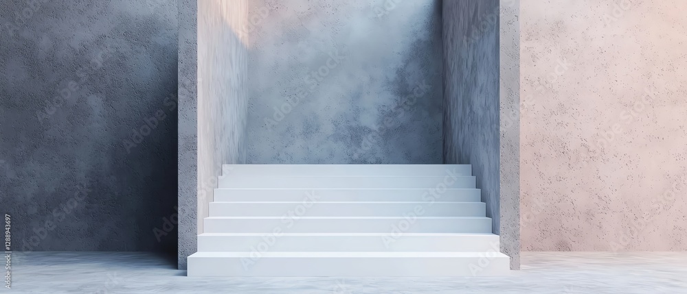 Poster modern minimalist staircase with contrasting textured walls in soft lighting.