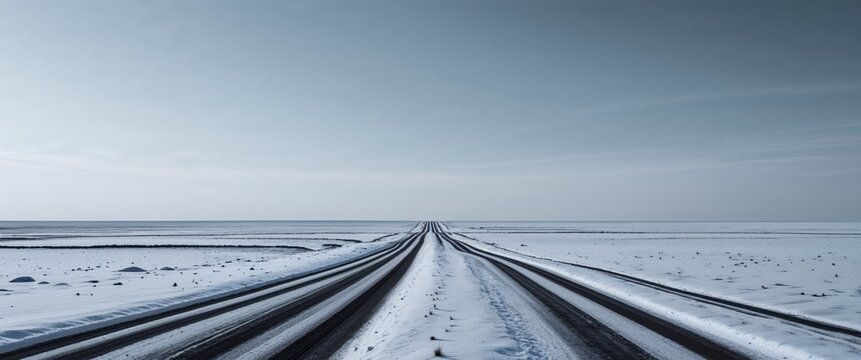 Barren landscape with dirt paths and snow patches under clear sky.