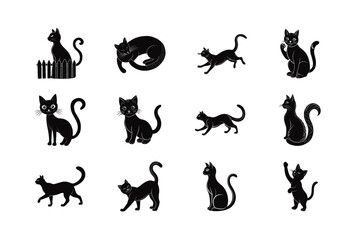 A collection of black cat silhouettes vector illustration in various poses, perfect for Halloween, design projects, and decorative elements. Elegant and playful feline art.