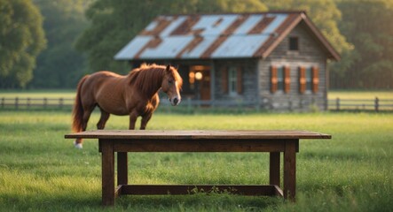 Empty Wooden Table with Blurred Farm Background featuring Horse and Cabin in a Field.