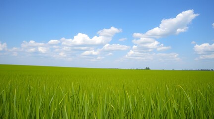 Fototapeta premium A vibrant green rice field stretches beneath a bright blue sky dotted with fluffy white clouds, creating a serene agricultural landscape. 