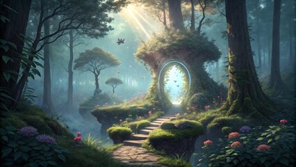 A magical portal opening in the middle of a forest, revealing a hidden world filled with floating islands