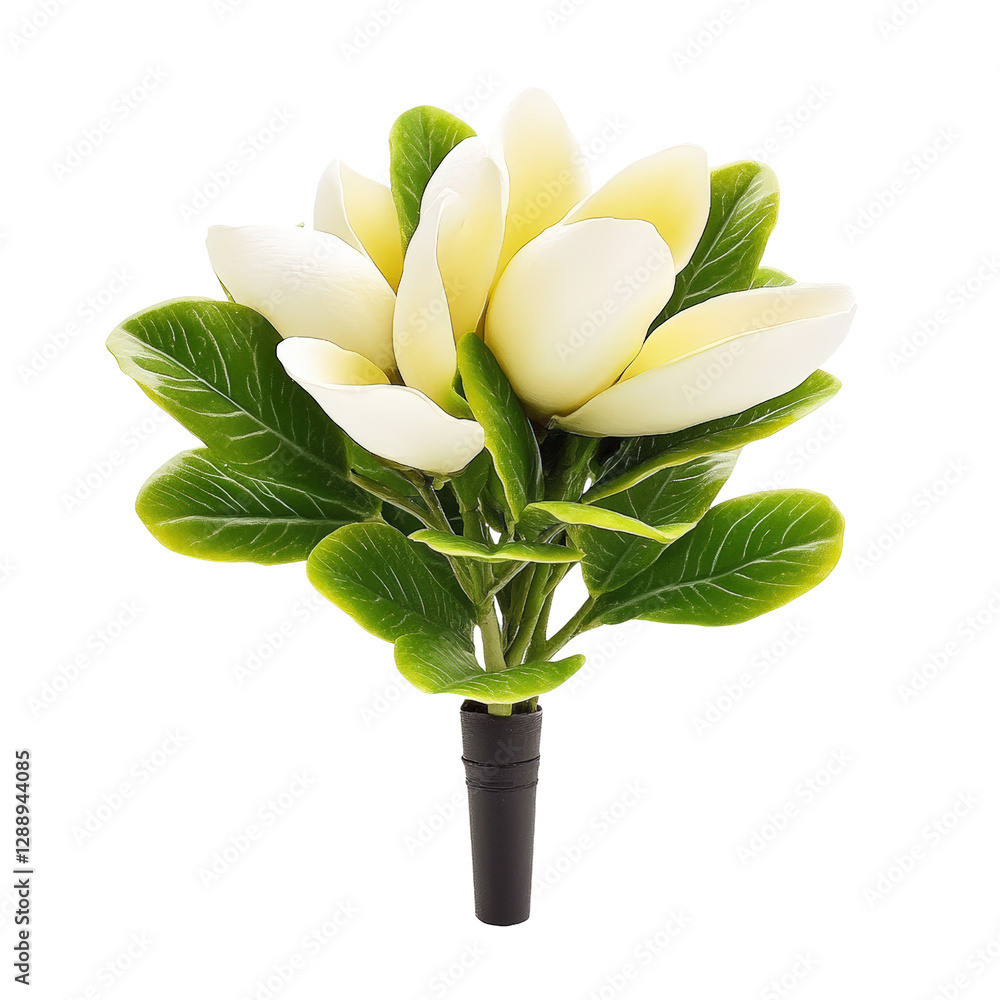 Poster white flower with green leaves displayed in a modern black vase on a light background isolated on tr