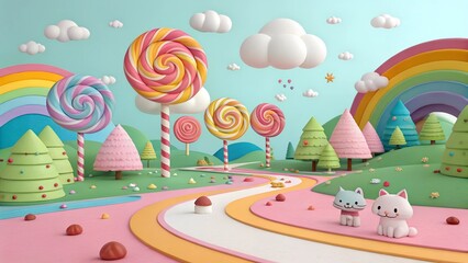 Sweet Adventure: Candy Land with Rainbows and Cats

