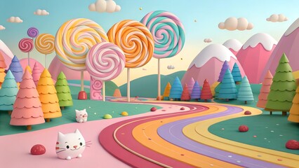 Fantasy Candy Landscape: Lollipops, Rainbow Road, and Cute Cats

