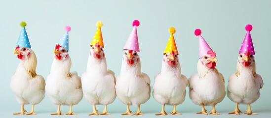 Chickens celebrate at a birthday party with colorful party hats and playful decorations in a cheerful setting