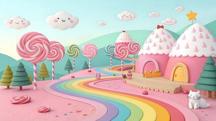 Cartoon Candy World: Sweets Landscape with Rainbow Road

