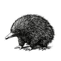Old engraving style hand-drawn echidna, trendy illustration, black sketch effect, vintage art, animal print design, white background, wildlife decor, artistic animal print