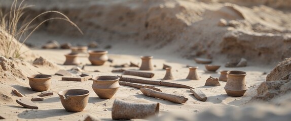 Archaeological dig site showing tools and partially excavated pottery fragments.