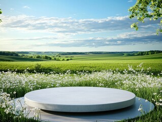 Romantic Pastel Spring Background. Serene landscape with circular platform