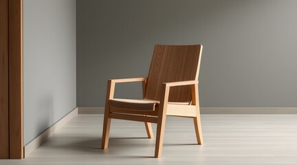 A minimalist wooden chair is positioned in a spacious, contemporary room with neutral colors and soft lighting, showcasing its elegant design and craftsmanship.  