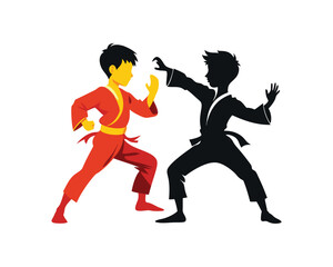 Obraz premium Two karate young boys fighters in a match on white background