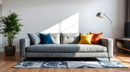 A stylish modern living room featuring a gray sofa adorned with colorful cushions, complemented by a plant and a floor lamp, creating a cozy and inviting atmosphere.  
