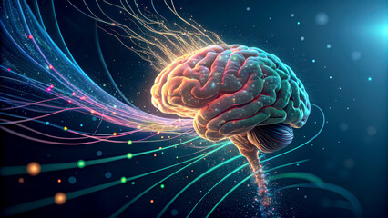 A vibrant, abstract representation of a brain, illuminated with colorful light trails, symbolizing neural activity and creativity.