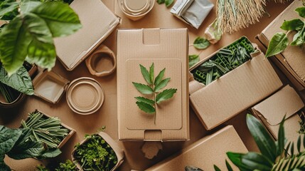 Eco-Friendly Packaging with Green Leaves and Natural Elements