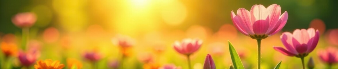 Fototapeta premium Sunny meadow flowers blooming in pink and yellow hues, sunshine, flowers