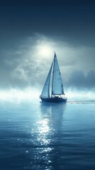 Sailboat in the Mist with Reflection on Calm Water