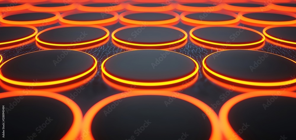 Poster a close-up view of illuminated circular patterns in a high-tech setting.