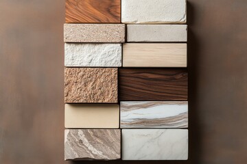Colorful array of natural materials displayed creatively on a textured surface in a well-lit indoor setting