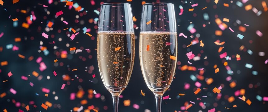 Two champagne flutes clink together with confetti falling in celebration on a dark background.