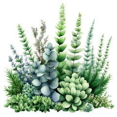 Bunch of green plants with leaves and flowers in natural setting under bright sunlight isolated on transparent background..