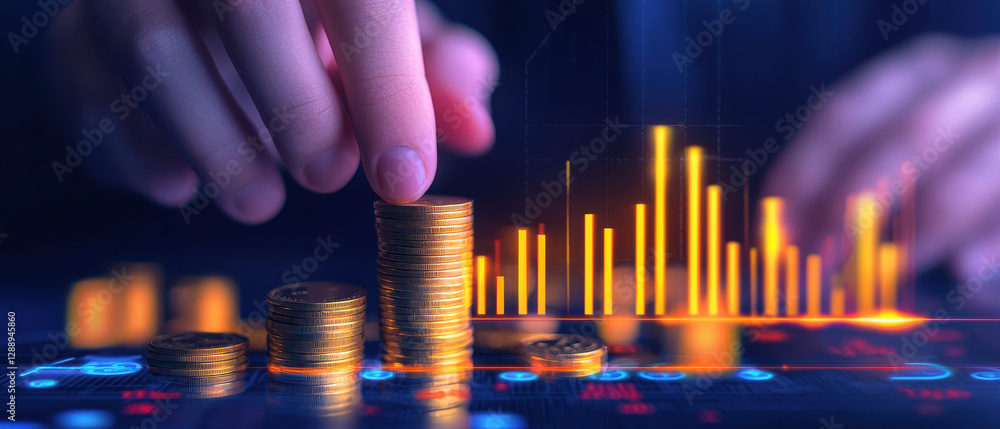 Aufkleber close up of hands stacking coins with growing bar graph in background