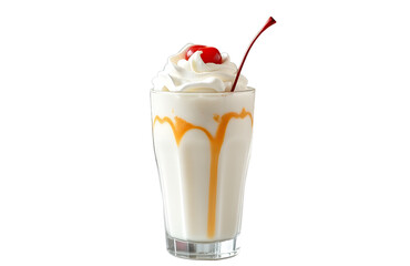 A 1950s diner style milkshake glass with whipped cream and cherry.