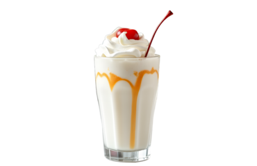 A 1950s diner style milkshake glass with whipped cream and cherry.
