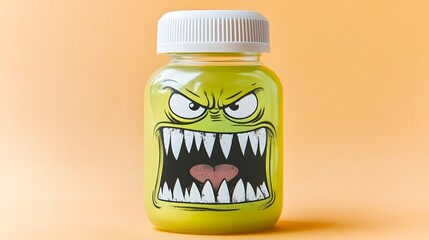 Angry Cartoon Face Design on Green Beverage Jar Against Orange Background
