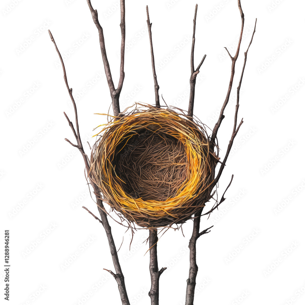 Poster bird nest constructed on a tree branch surrounded by green foliage in natural habitat isolated on tr
