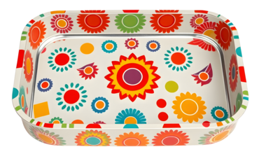 A 1970s snack tray with colorful retro patterns