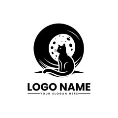 Cat Sitting on the Moon | Starry Night Vector Logo | Mystical Feline Illustration