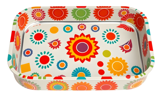 A 1970s snack tray with colorful retro patterns